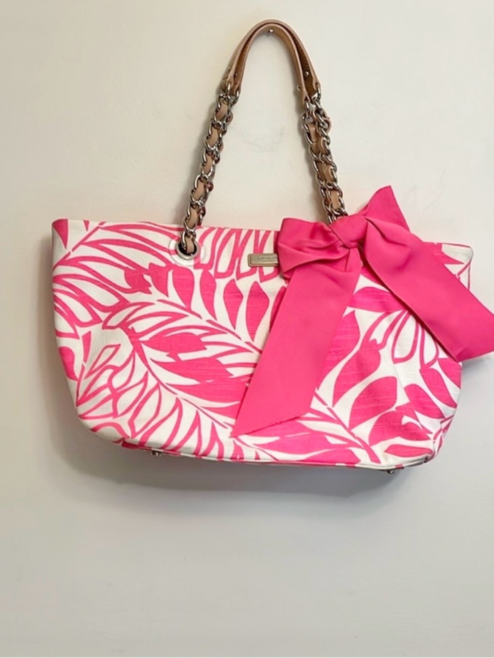 HTF Kate spade palm Pink and Cream Tote Bag with chain handle